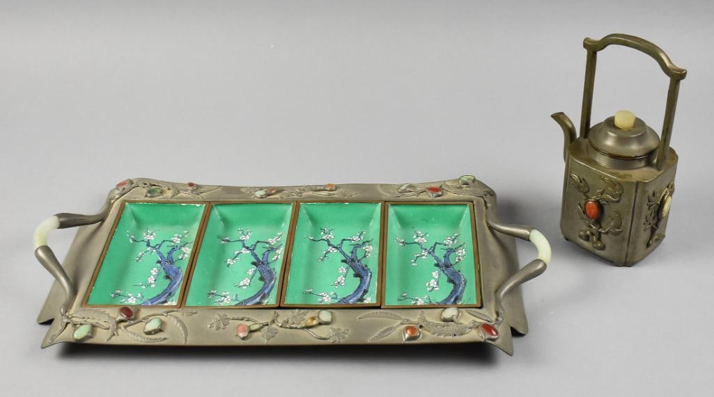Antique Chinese Pewter Tray, Teapot, Jade & Carnelian (1 of 11)
