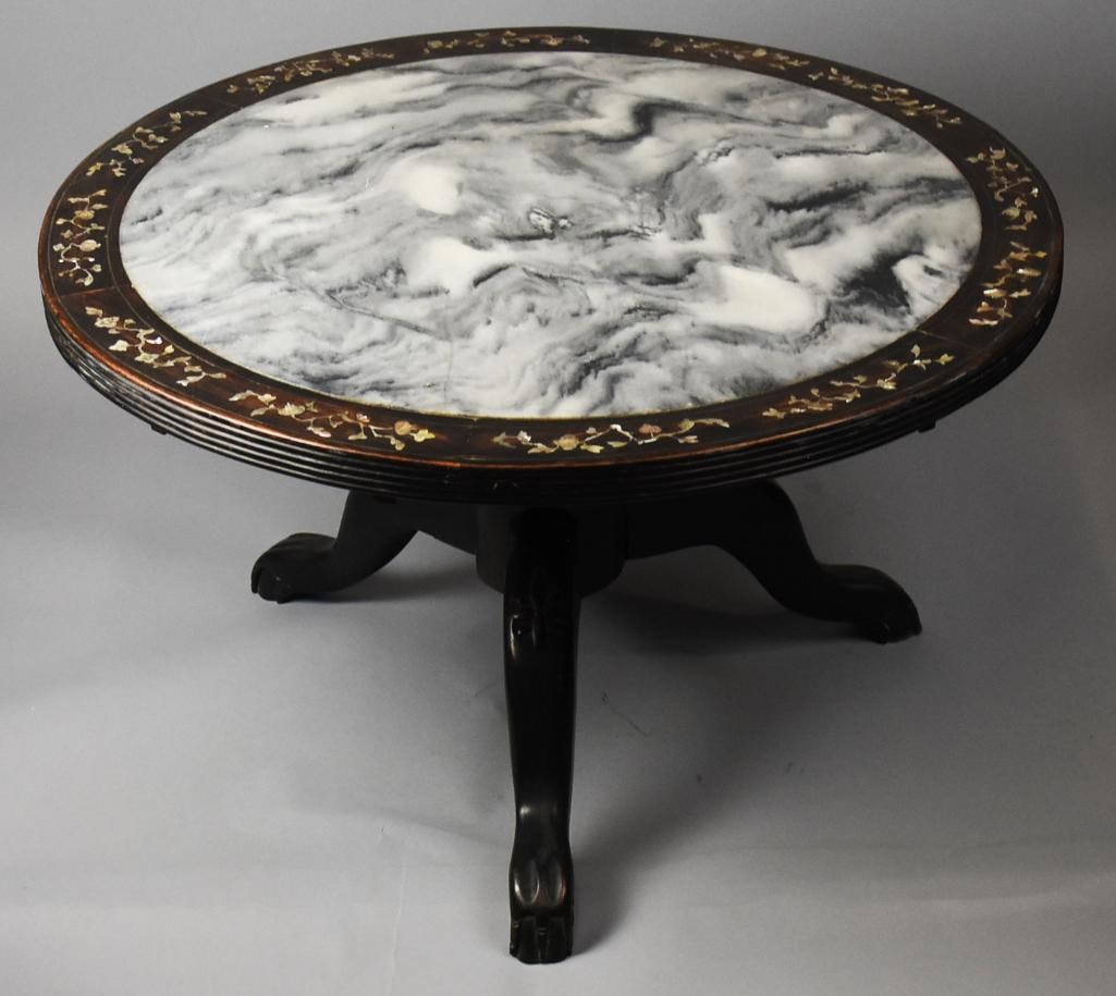 Qing Dynasty Chinese Marble & Mother of Pearl Pedestal Table: Gorgeous hardwood table or kang of Chinese origin with what appears to be the original paper label. Hardwood appears rosewood with gray veined marble and inlay of mother of pearl foliate detail around