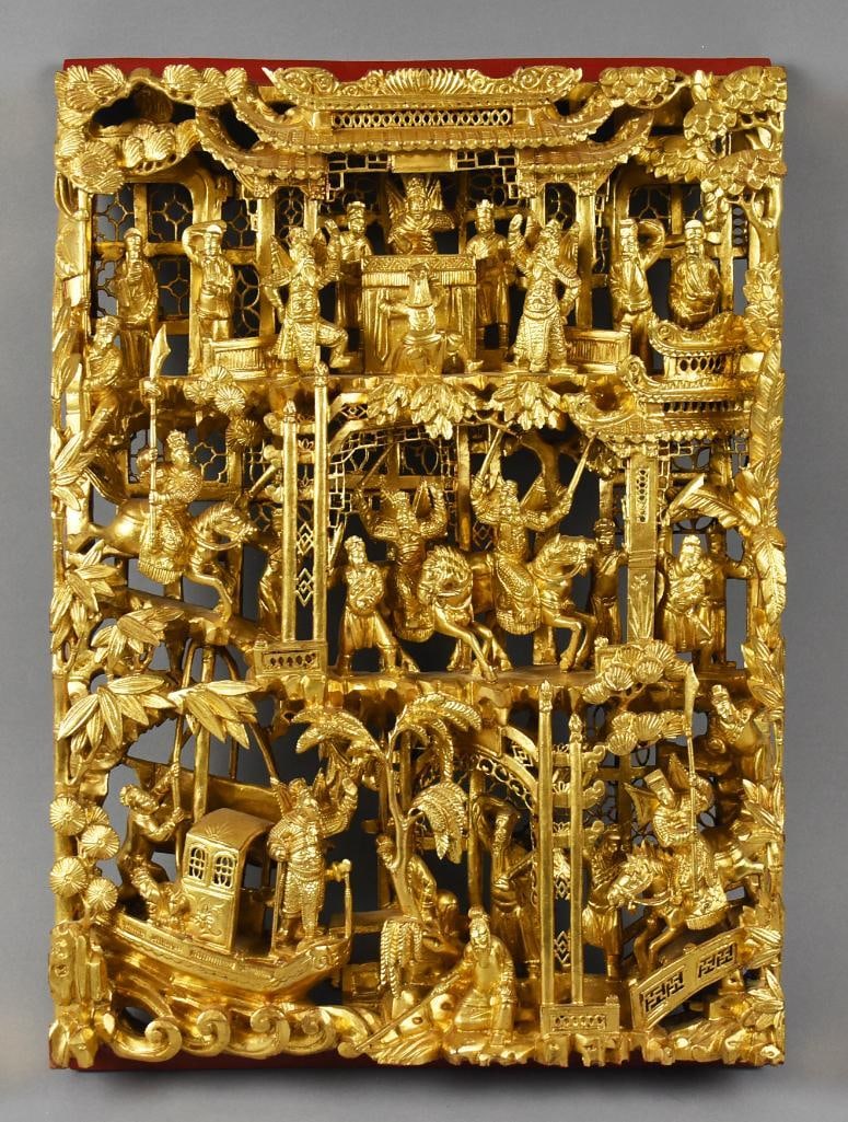 Antique Chinese Gildwood Carved Battle Panel: This gorgeous piece is of Chinese origin. It appears to be late 19th to early 20th century?and is hand carved. The figures throughout appear to be warriors on horseback, ship and in a temple. You can 