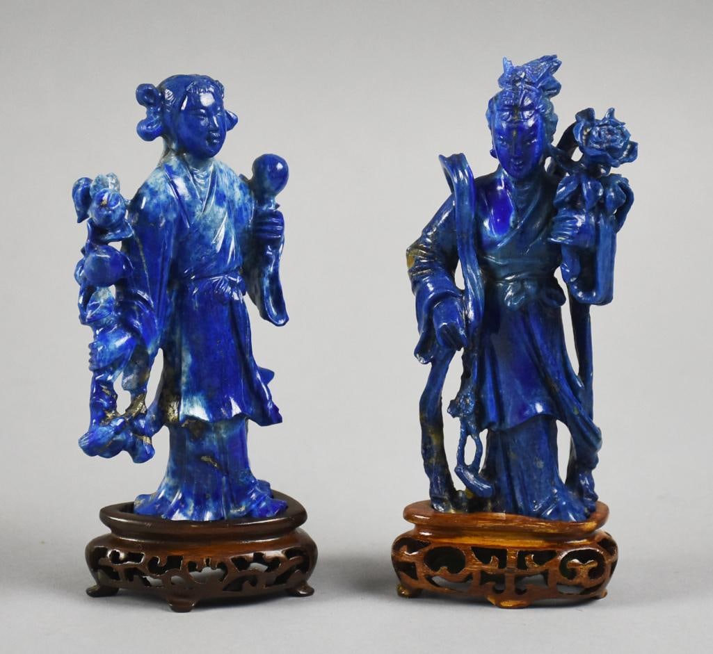 Vintage Chinese Hand Carved Guanyin Figures in Lapis: This is a great pair of vintage figures from China. They are lapis lazuli and appear hand carved in the form of Guanyin. Each comes with it's own custom stand. Both are approx. 5" tall. From the estat