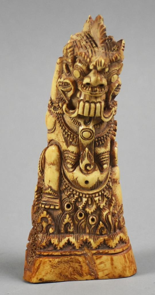 Vintage Bali Rangda Hand Carved Bone Figure: Very cool figure from Bali Indonesia. It is called a Rangda, the demon queen of witches from Balinese mythology. She appears to be hand carved in bone, possibly water buffalo. She stands approx. 5.5" 
