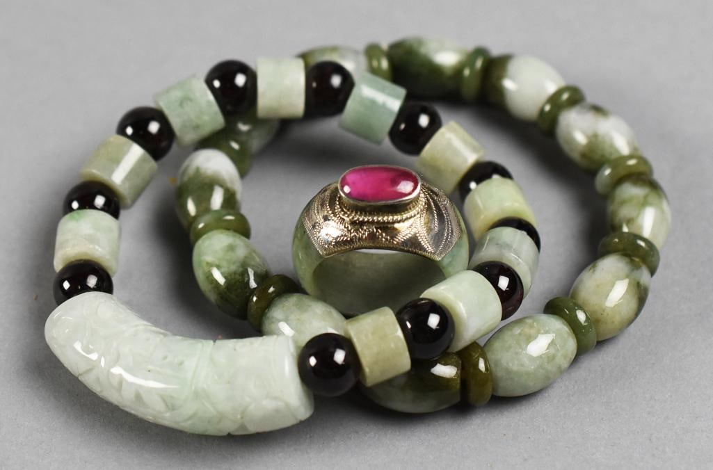 Vintage Chinese Jade Bracelets & Silver, Ruby & Jade Ring (1 of 7)