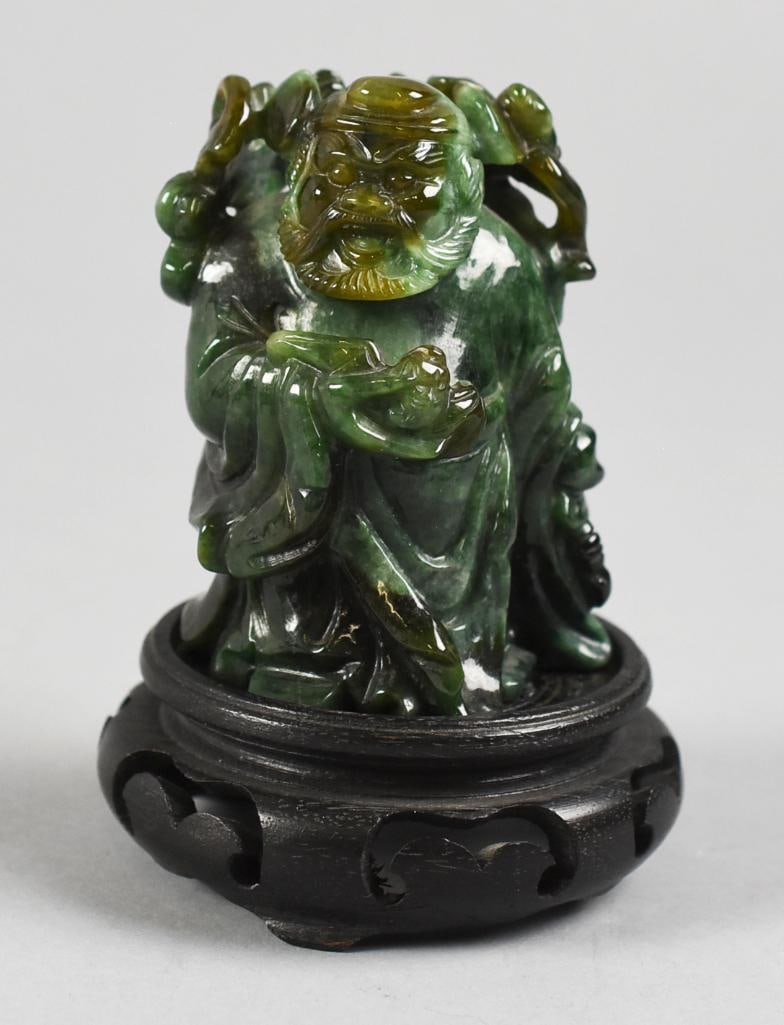 Vintage Chinese Spinach Jade Bodhidharma Figure: Terrific vintage Chinese figure carved from spinach jade. He is in the form of Bodhidharma, legendary Chinese monk. He will come with the wooden stand that appears rosewood. Stands approx. 4" tall. Fr