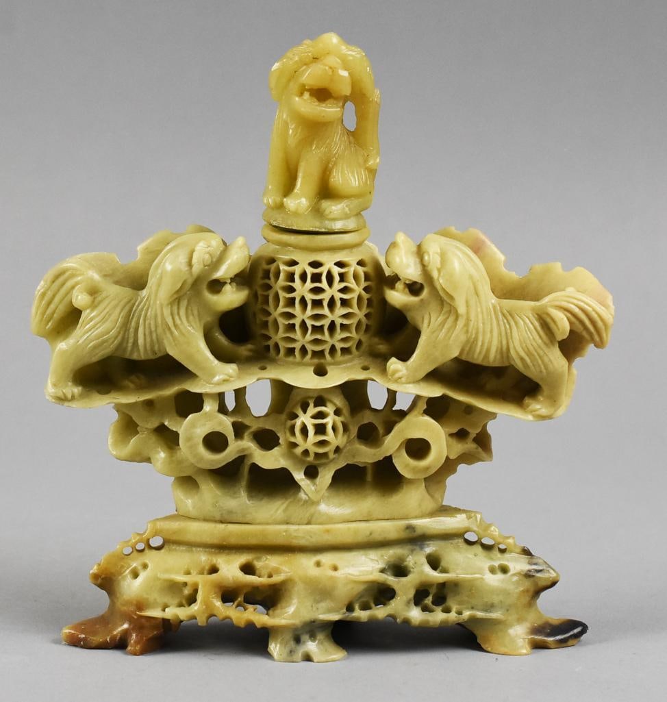 Vintage Chinese Soapstone Foo Dog Incense Burner: Very ornate and pretty vintage incense burner from China. It is in soapstone and appears hand carved. Features three Foo Dogs with the center one being removable and wonderful openwork. No visible