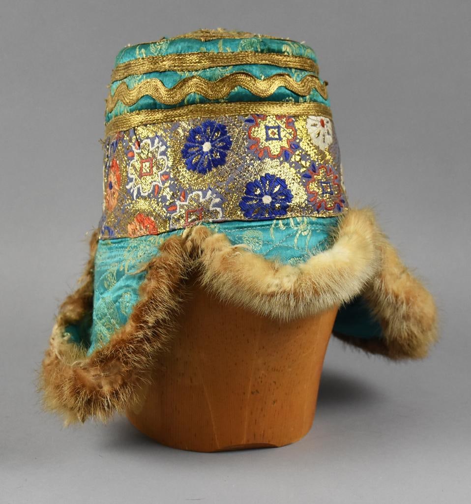 Antique Tibetan Quilted Silk, Metallic Fur Trimmed Hat (1 of 8)