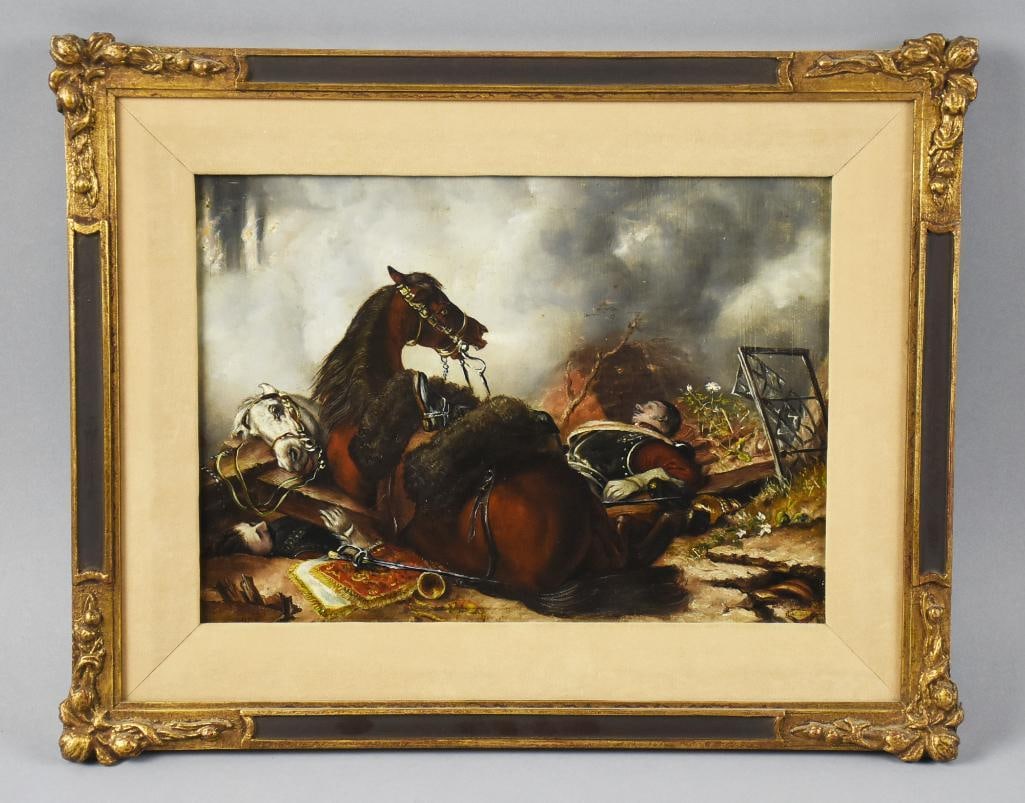 Joseph T. See (19th Century) "War" Oil on Board Painting: This great piece is from Canadian artist Joseph T. See (19th century). See known for his historical paintings called this piece "War" with two fallen soldiers and two fallen horses. It is an oil on