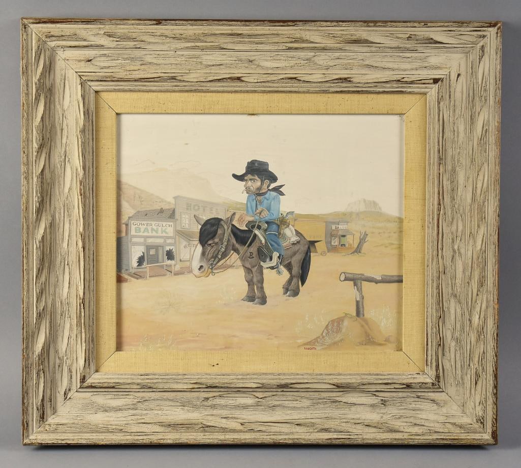 Andrew Dagosta (1923-2009) Western Gouache Painting: This fun piece is from California artist Andrew Dagosta (1923-2009). Western piece called The Last Match is gouache done in 1947. Angry gentleman on an old horse in a western town. Nicely framed and