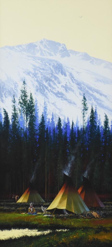 John Paul Strain (b1955) Camped in Moose Country Painting: This amazing piece is from Tennessee artist John Paul Strain (b1955). Appears to be gouache and is called "Camped in Moose Country". Shows a Native American style encampment among the trees with a