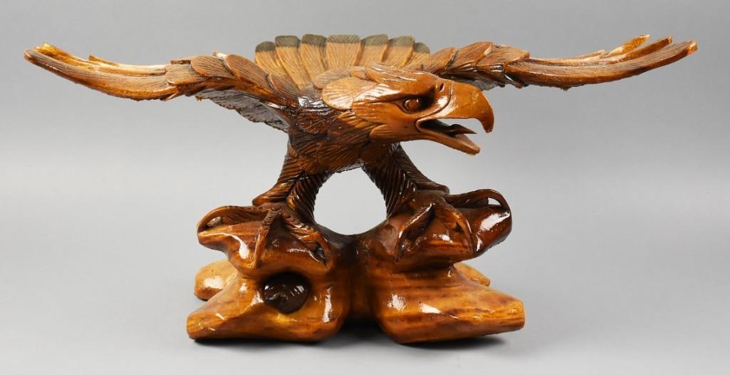 LARGE Hand Carved Landing Eagle Sculpture: Very pretty vintage sculpture in solid wood. This eagle is either landing or getting ready to fly away, standing on a smooth branch. No visible marks, measures approx. 12" x 24" x 14". From The home o