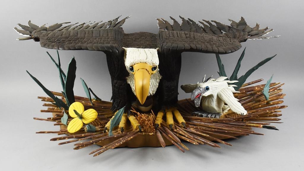 Vintage FOLK ART Hand Carved Eagle & Eaglet LARGE: This is one of the finest examples of folk art we have featured in some time. This exceptional piece depicts a mother eagle with her eaglet nestled beneath her expanded wings. The nest is crafted