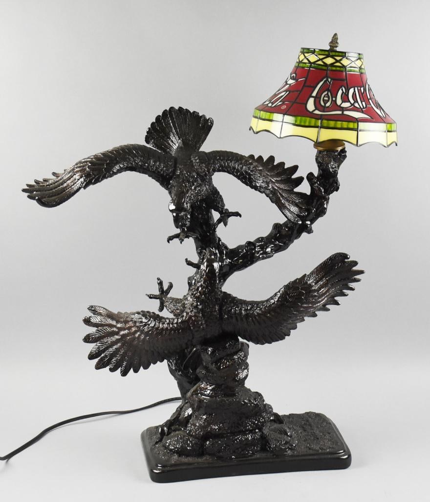 The Vision Clashing Eagles Table Lamp, Coca Cola Shade: This is a really cool lamp from The Vision and features two eagles, known as Clashing Eagles. The tree branch is the light fixture which comes with a replacement Coca Cola shade in plastic. Working,