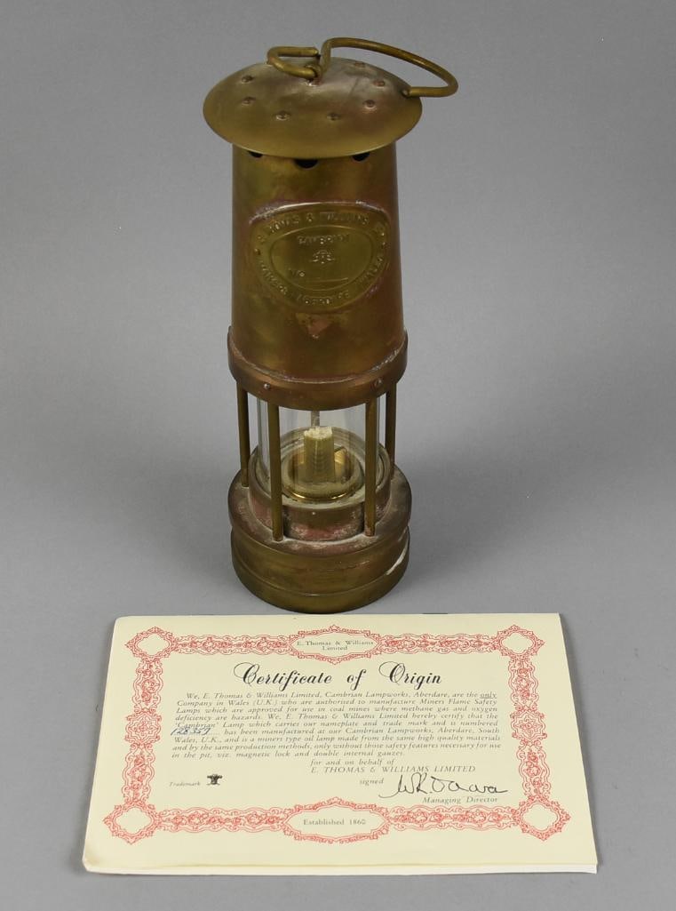 E. Thomas & Williams Ltd Ed Cambrian Miner's Lamp with COA: This awesome piece is from Wales, UK company E. Thomas & Williams. It is a Cambrian miner's lamp of brass. This company is the only one in the UK, authorized lamps to be used in coal mines. This lamp