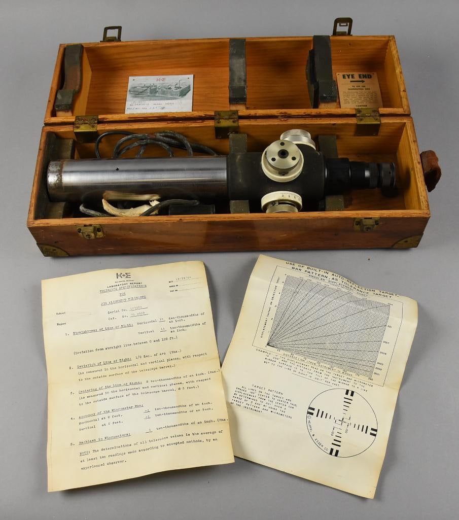 Vintage Keuffel & Esser Co. Telescope, Original Case: This lot is for a vintage Keuffel & Esser Co.?Jig Alignment Telescope. Appears complete and comes in the original solid wood case and includes what appears to be the original paperwork. Case is wood