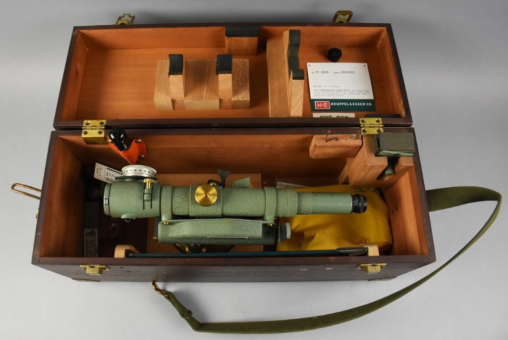 Vintage Keuffel & Esser Co. Optical Level, Original Case: Lot is for a vintage Keuffel & Esser Co Optical Level, model no. 71-3015. Believed to be from 1986 judging from the calibration dates and calibration due date. Comes in the original wooden case.