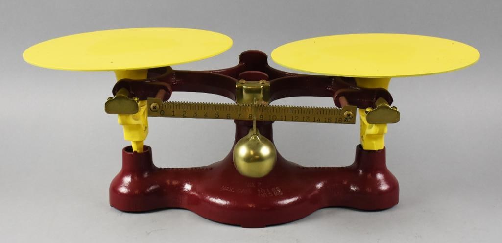 Antique Jacobs Bros Detecto Scale No. 2, Restored: Very cool antique scale from Jacobs Brothers Inc. in New York. It is a Detecto Scale No. 2 with a maximum of 10 lbs., 5 kg. Burgundy base with yellow trays. Base appears to be the original color with