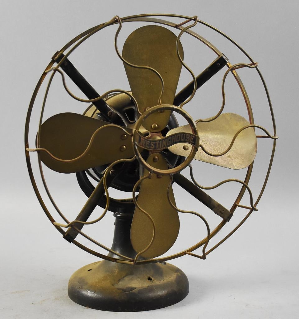 Antique Westinghouse Electric Mfg Alternating Current Fan: This is a great original Westinghouse Electric Mfg Co table fan with Alternating Current motor. Cage appears brass with four brass blades. Retains the original brass plaque, Style 60677 with patent da