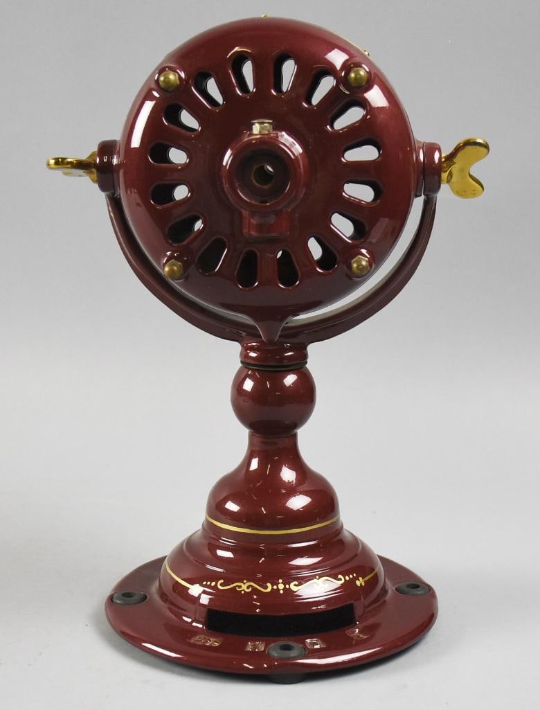 Antique Emerson Trojan Fan Motor BODY, Restored: Gorgeous antique fan motor body ONLY from The Emerson Electric Mfg Co. It is called Trojan and case has been restored. Burgundy enamel paint with gold wheat and scroll details, hand painted and is