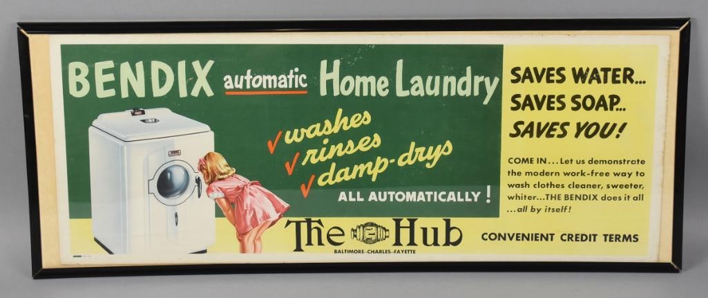 c1940 Bendix Automatic Home Laundry Advertising Banner: Very cool advertising for the very first front loading washing machine. Ground breaking machine allowed you to wash, rinse and spin all in the same wash cycle. Banner, believed to be for a bus or