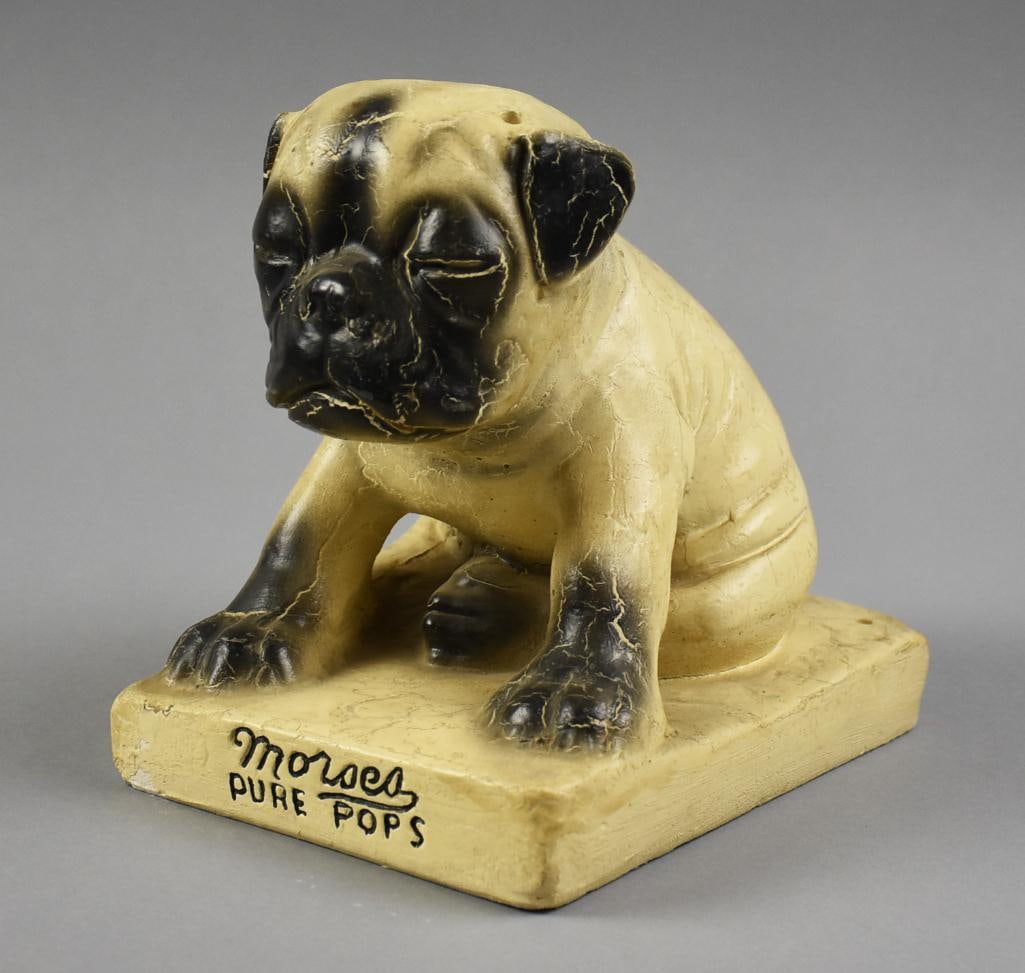 Vintage Morses Pure Pops Lollipop Store Display: Adorable vintage store display for Morses Pure Pops. Appears to be chalkware of a sitting dog, possibly?a pug. Holes in back for lollipop sticks. Brand name on front and painted with black accents.