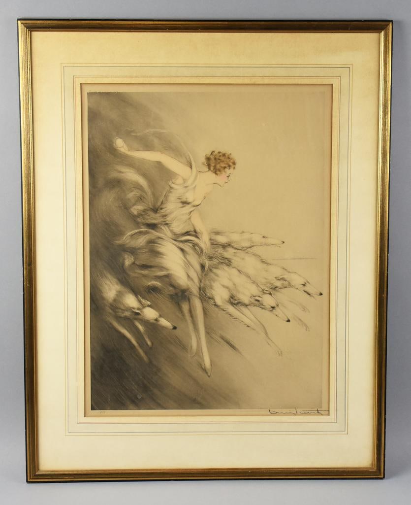 1928 Louis Icart (1888-1950) "Zest" Aquatint Engraving: Wonderful Art Deco piece from French artist Louis Icart (1888-1950). It is a dry point and aquatint engraving called Zest, aka L'Elan. She is a beautiful woman with dogs that appear to be Greyhounds.