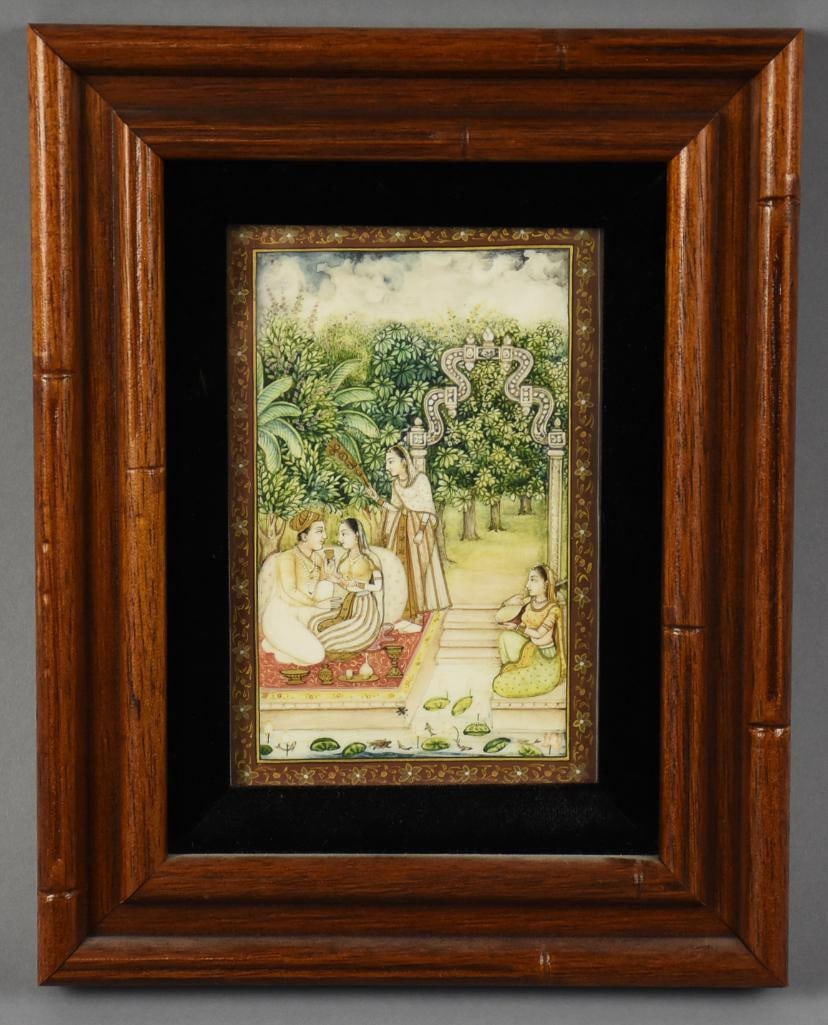 Mughal Miniature Painted on Plate King & Queen in Love: Darling miniature painting in what appears too be on plate. It is the Mughal style and shows the king and queen in love. They are being fanned by one lady in waiting and having music played by