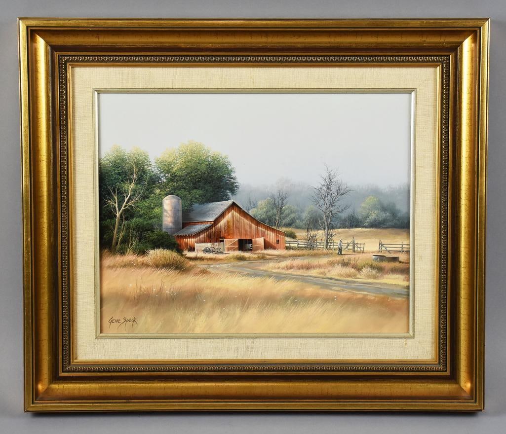 Gene Speck (b1937) On Green Meadows Oil on Board: This wonderful painting is from American artist Gene Speck (b1937). It is called On Green Meadows with an aging barn with dry fields and surrounded by trees. It is artist signed on the lower left