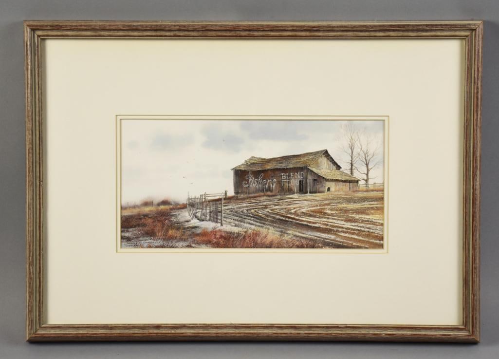 Jeffrey H. Craven (b1950) Snow Fence Watercolor & Card: Gorgeous painting from Idaho born native, Jeffrey H. Craven. This watercolor painting is called Snow Fence. Ground is light with snow, Fisher Blend Flour building in the background. It is signed and