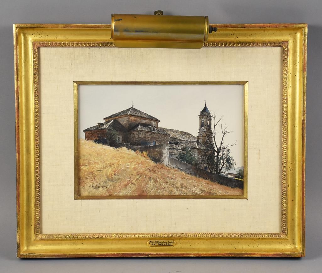 Ray Swanson (1937-2004) Church At Carcabeuy Watercolor: This is a wonderful painting from Southwest Native American artist Ray Swanson (1937-2004). This piece is called Church at Carcabeuy (sic). Watercolor art of an old church high on a hill. It is signed