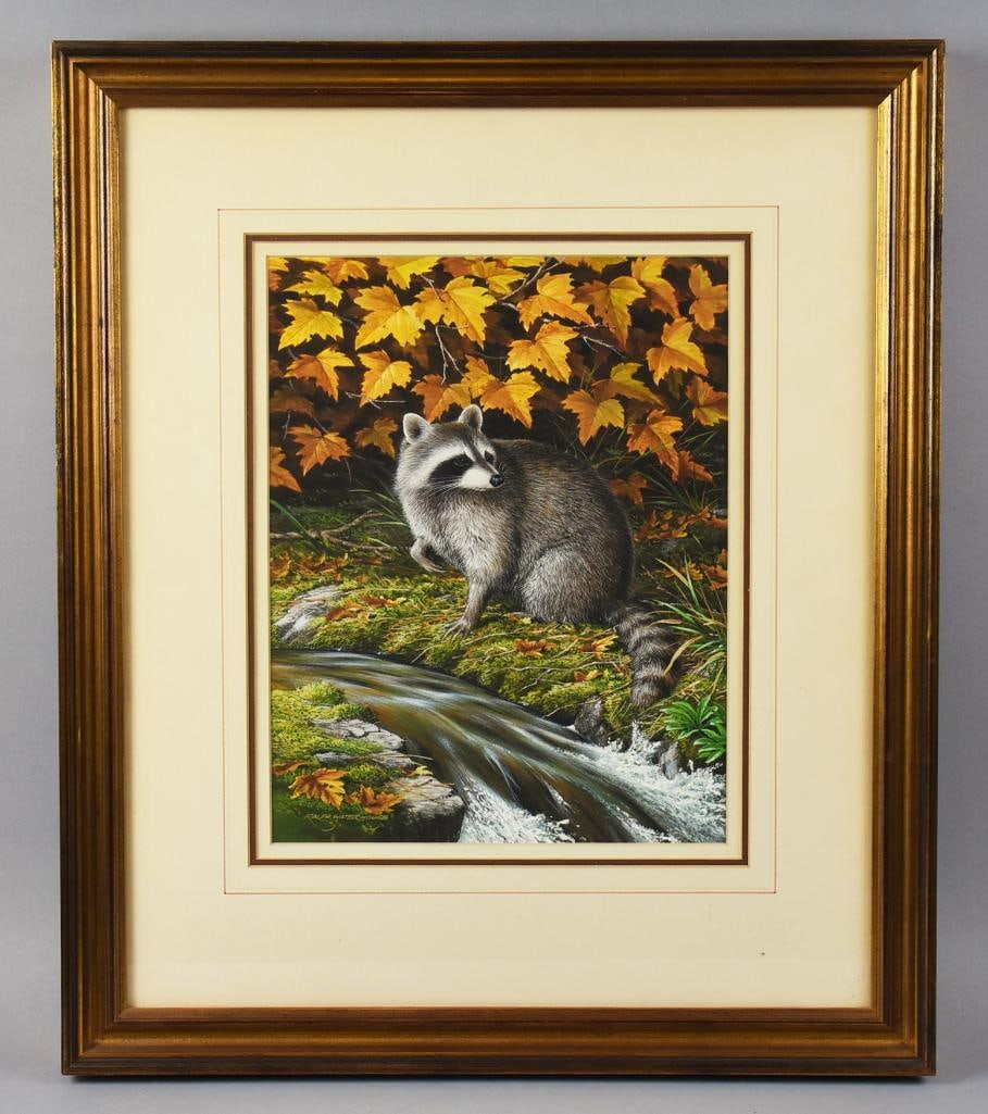 Ralph Waterhouse Painting: Great artwork from UK born California artist Ralph Waterhouse (b1943). It is called Racoon. Cute racoon sitting by a stream sitting on green grass with autumn leaves. Includes the original receipt,