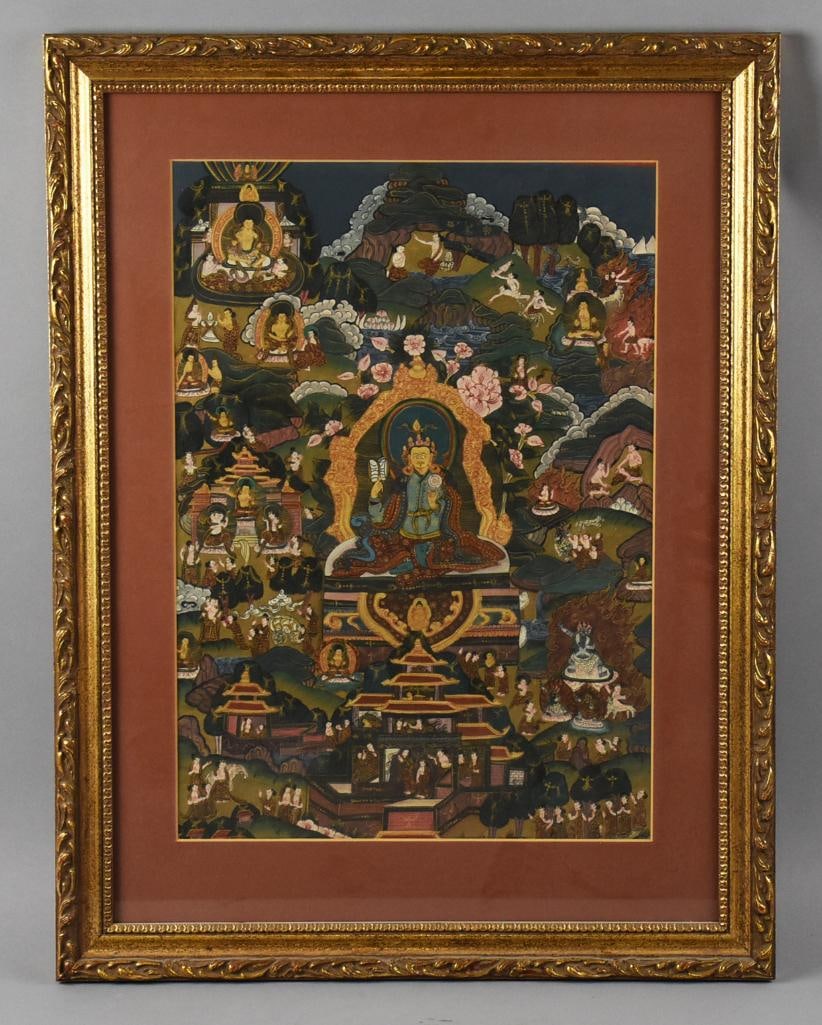 Vintage Tibetan Thangka Buddhist Painting, Framed: Wonderful vintage Buddhist painting featuring a lama or other deity. Tibetan thangka, with various vignettes surrounding the deity. Nicely framed with matte. Visible image measures approx. 19" x 13",