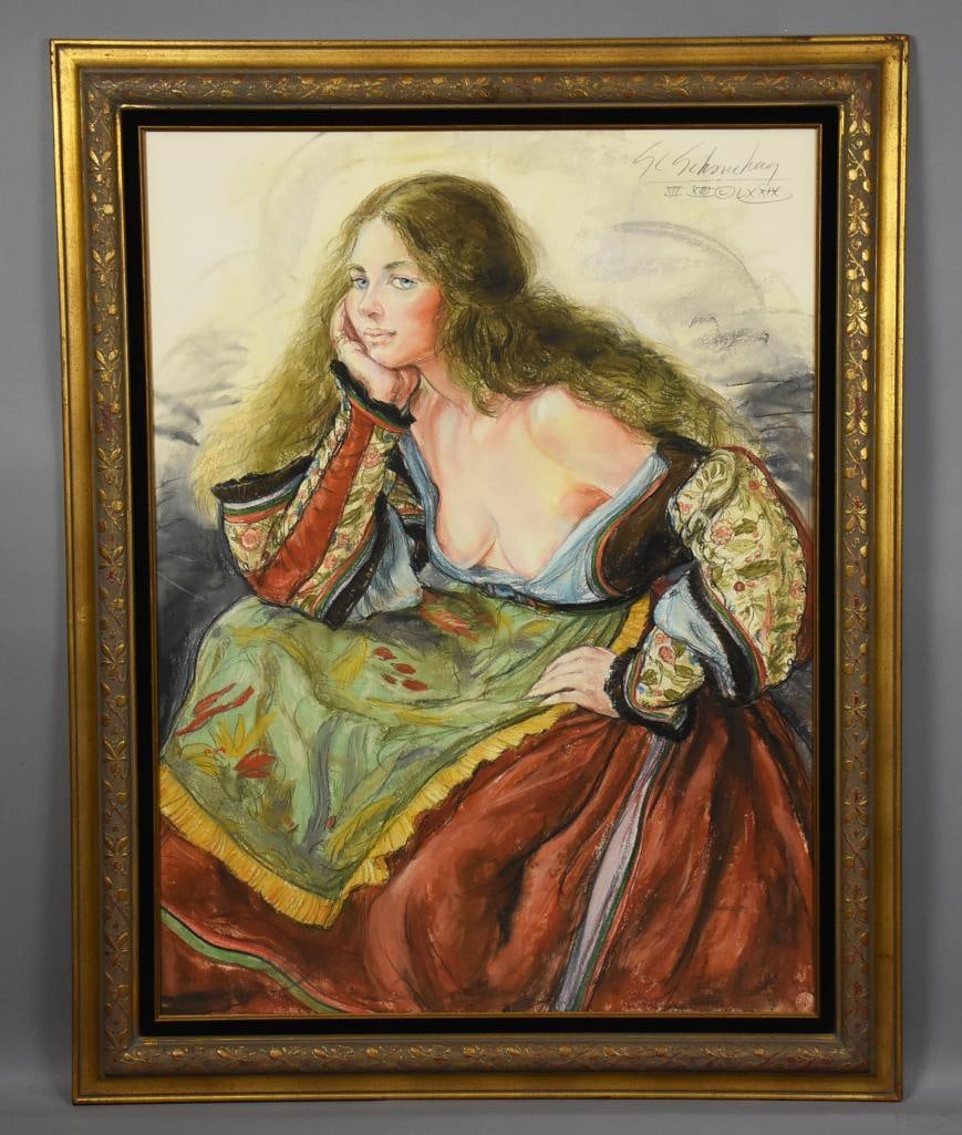 Sheldon Schoenberg "Impressions" Pastel Horizon: This beautiful painting is from California artist Sheldon Schoenberg (1926-2012). She is a pastel of a lovely woman in loose draped clothing and hand resting on chin. It is signed and dated in the