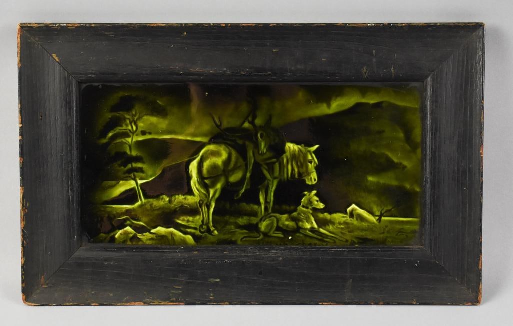 Antique English Porcelain "Left in Charge" Glazed Tile: Very cool and interesting antique larger tile from England. The imagine in varying green tones is a horse with a deer draped over it's back and a dog on watch. Peaking out under the edge of the frame