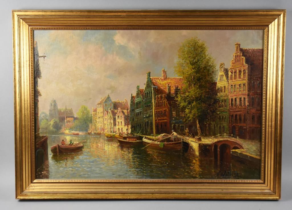 Franz Waldegg (1888-1966) Boats on Canal Oil on Canvas: Beautiful painting from Vienna artist Franz Waldegg (1888-1966). Oil on canvas painting looks like a Dutch canal, busy with many boats. Signed in the lower right corner. Nicely framed, visible image m