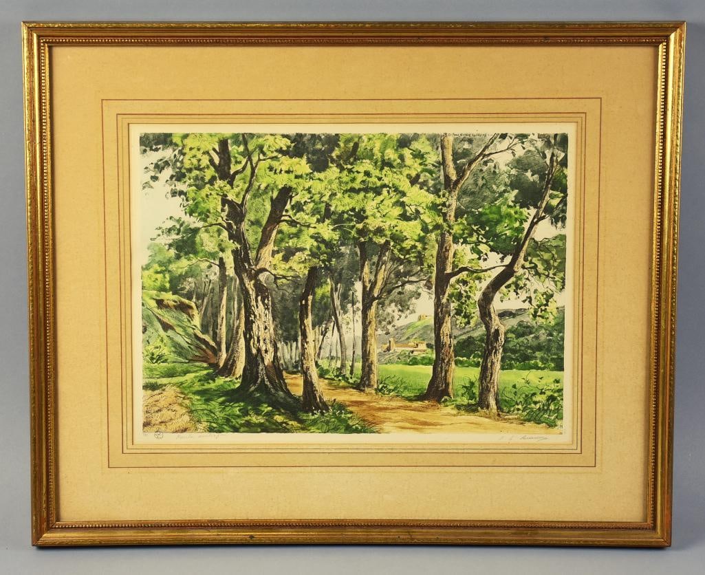 Paul Emile Lecomte (1877-1950) The Shady Road w/ COA: Here is a lovely engraving from French artist Paul Emile Lecomte (1988-1950). It is called The Shady Road, a dirt tree lined road with a home in the background. It will include a COA that is attached