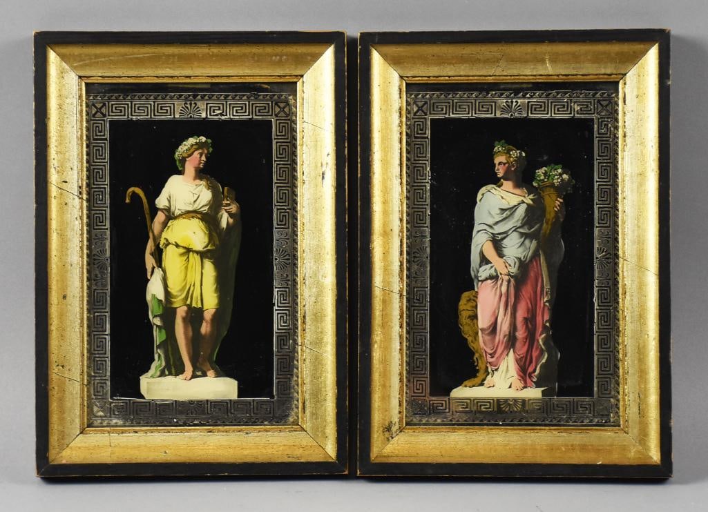 Vintage Roman Flora and Shepherdess Prints, Framed: These are terrific vintage prints that are very well done. The?figure on the right is depiction of the statue of Flora with a flower wreath in her hair, flowers in hand and a lion to the side. She is 