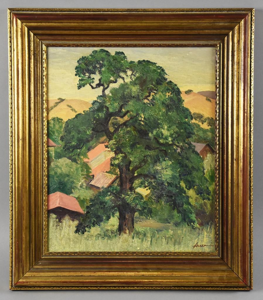 Charles Lesaar (1884-1941) Lone Shade Tree Oil on Canvas: This is a lovely painting from Belgian born American artist Charles Lesaar (1884-1941). It is an oil on canvas and am calling it Lone Shade Tree. It is a single large tree with rooftops in the backgro