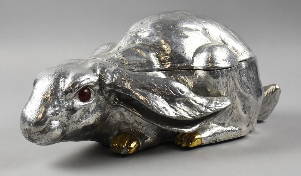 1986 Arthur Court Cast Aluminum Bunny Rabbit Ice Bucket: This darling piece is from Arthur Court Designs. It is a hinged ice bucket in the form of a bunny with paws that appear brass and eyes that appear to be carnelian. Bunny measures approx. 8" x 17" and