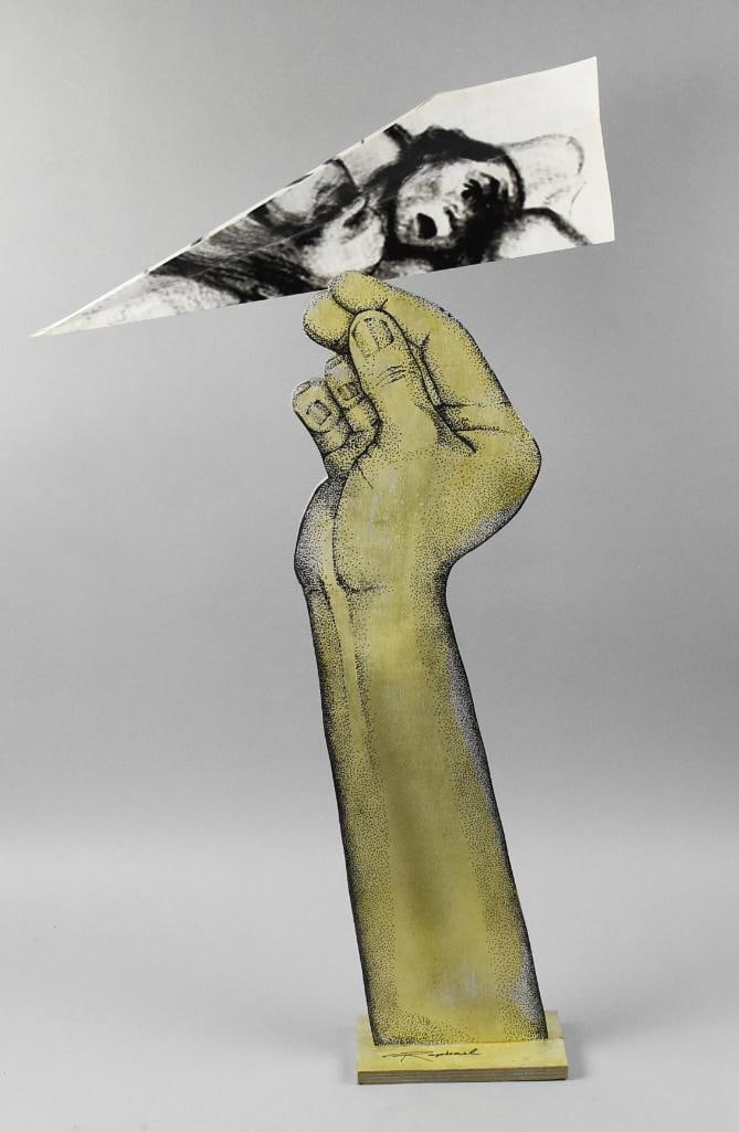 Raphael Whimsical Contemporary Folk Art Sculpture: This interesting piece is hand signed by the artist Raphael. Hand painted and carved hand and arm, stippling with pale yellow shading. Fingers are holding a folded airplane. Stands approx. 30" tall.