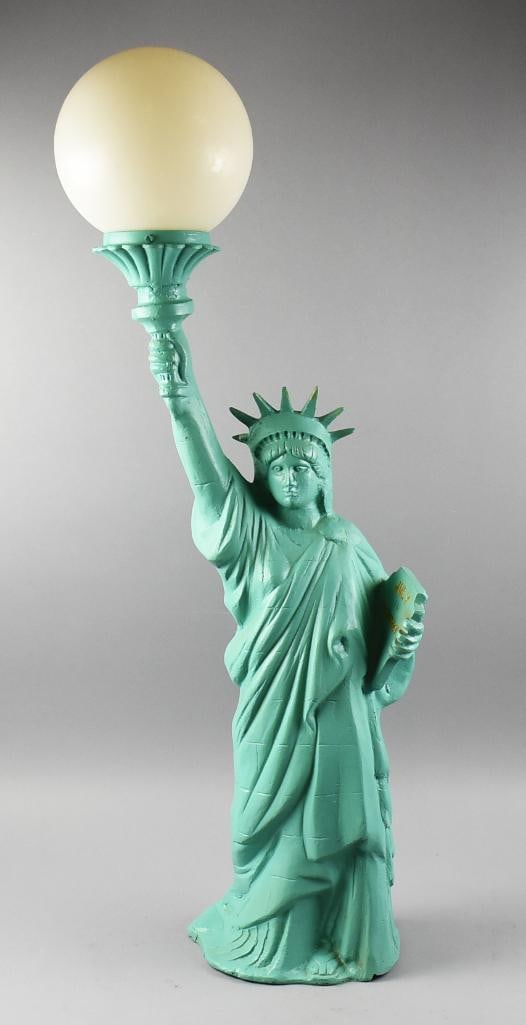 Vintage Statue of Liberty Cast Aluminum Table Lamp: Very cool lamp to honor America's 250th birthday. This cast aluminum lamp is in the form of the Statue of Liberty with round globe shade. She is painted turquoise and stands approx. 39" tall.