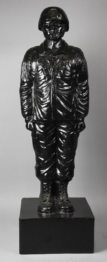 LARGE Vintage Military Soldier Cast Aluminum Statue: Very cool indoor/outdoor statue of a military soldier. He is painted in a high gloss black and appears to be aluminum. Measures approx. 52" x 16" x 16". Great large scale display piece for a toy colle