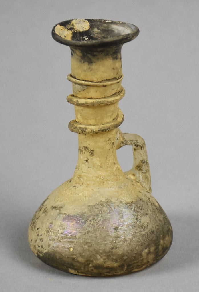 Ancient Roman Stye Scavo Blown Glass Ewer Vase: This is a very cool ewer vase that appears to be a mid century reproduction of an ancient Roman ewer. It was created using the scavo method, has a triple band collar. Base with visible broken pontil.