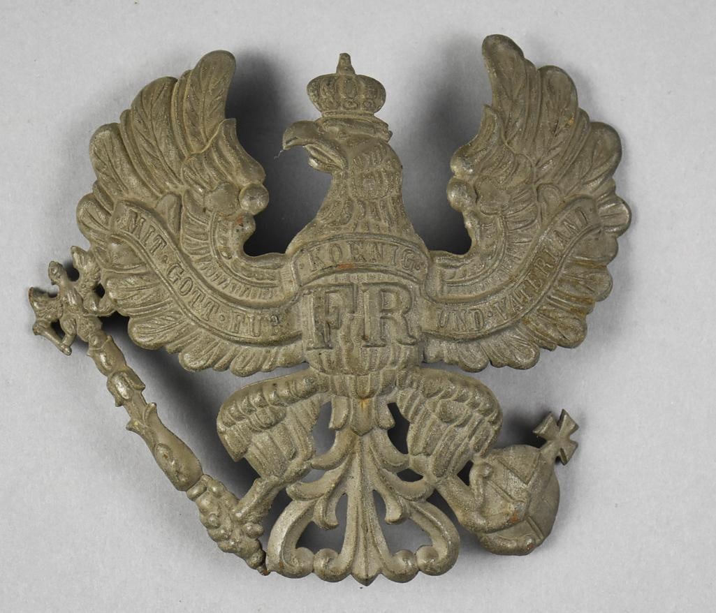 19th-20th Century Imperial German/Prussian Helmet Plate: This is a great piece of military history. It is a 19th to early 20th century helmet plate or badge for German/Prussian soldiers. They were used on into WWI. It is a crowned eagle with wings expanded