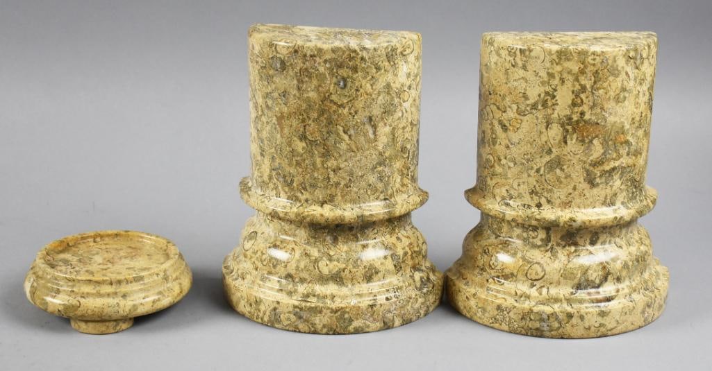Vintage Column Style Marble Bookends, Matching Candle Holder: This wonderful pair of bookends include a coordinating candle holder. They are in a column style and appear to be in marble. No visible marks. Bookends are approx. 7" x 6". Very heafty and heavy
