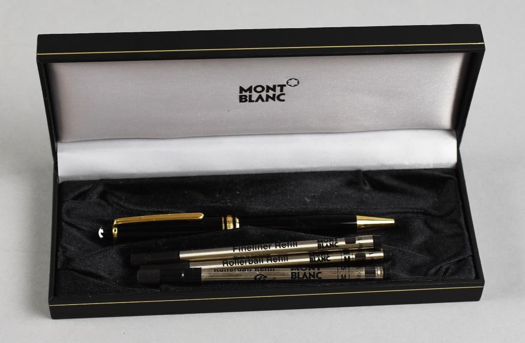 Montblanc Meisterstruck Ballpoint Pen, w/ Extra Cartidges: Wonderful vintage Montblanc ballpoint pen. It is marked Meisterstruck, black with gold plated accents and logo star on cap. Comes in the original presentation box with additional ink cartridges.
