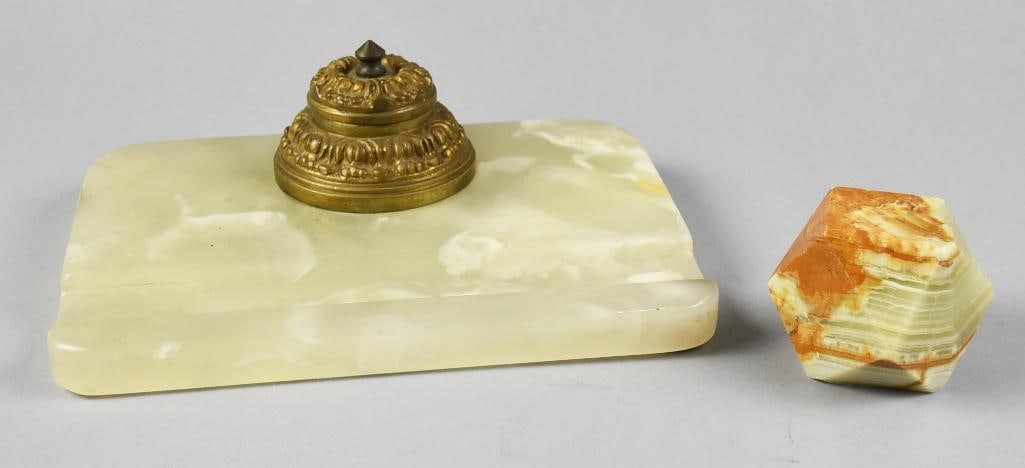 Antique Bronze & Marble Inkwell, Onyx Paperweight: These are great looking desk decorations. They include an antique inkwell that appears bronze with a glass liner and mounted to a marble base. Measures approx. 10" x 7.5". Includes a vintage onyx mult