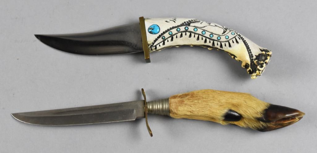 Ted Miller w/ COA & Edge Mark Germany Display Knives: These great knives will be really cool for display. One is by Ted Miller with a Native American motif, grip with turquoise inlay and sheath with dyed quill and glass beads. Measures approx. 9" and inc