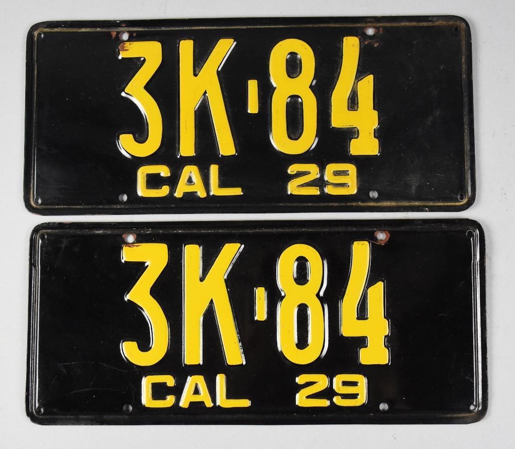 1929 California Matching License Plates, Black & Yellow: Beautiful pair of matching license plates for 1929. They are number 3K - 84. They are legal to use on your 1929 classic car in the state of California.
