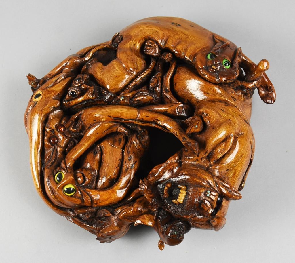 Vintage Hand Crafted Floor Basket, Grotesque Style Lid: Very interesting and unique hand crafted floor vase. Wood appears bamboo and bent narrowing from the top down. The lid appears to be a knot of wood carved with cats and what appear to be spiders. Almo