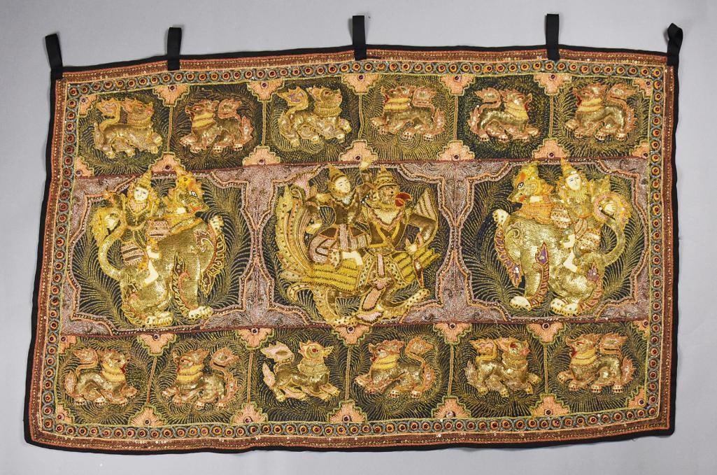 Vintage Thailand Burmese Cotton Embroidered Tapestry: Beautiful vintage tapestry that was Made in Thailand. The design is traditional Burmese with padded traditional figures. Appears to be all hand embroidered with guardian lions and dancing figures. Lab