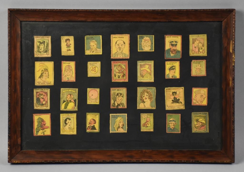 c1930 Assorted Gasoline Alley Comic Strip Stamps: This is a fun assortment of vintage comic strip character stamps. All appear to be Gasoline Alley characters from the 1930s. They are mounted on black paper and nicely framed. Measures approx. 13" x 1